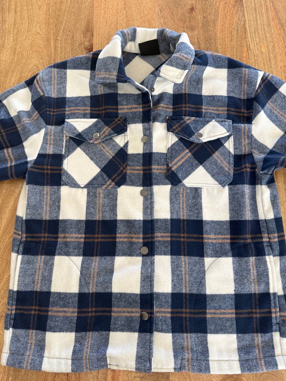 HFX Womens Small Plaid Shacket Blue Cream Wool Blend Snap Front Shirt Jacket S